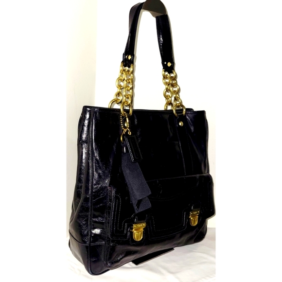 Coach 17924 Poppy Camelia Black Leather Pushlock Tote - Picture 9 of 11
